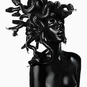 Medusa by Rankin, portrait of nude model painted black with snake hair