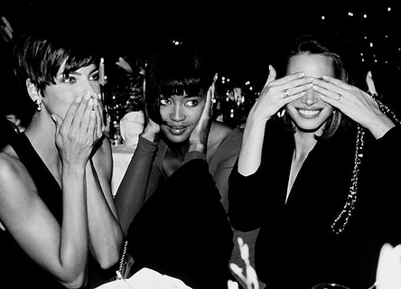 Speaking, Hearing and Seeing no Evil by Roxanne Lowit, three models (Naomi Campbell, Christy Turlington and Linda Evangelista) covering their mouth ears and eyes with their hands