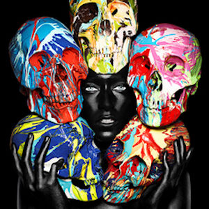 Painted Skulls II (eyes open) by Rankin, model painted black, her face surrounded by five colorfully painted skulls