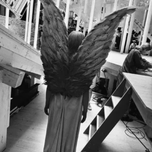 Gérard Uféras, L'ange du Saint Francois d'assise de Messiaen, Salzburger Festspiele, Autriche, 1992, black and white, black and white photography, backstage, backstage photography, wings, angel, angel wings, costume, black and white, black and white photography, fine art photography, limited edition