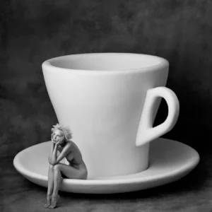 Albert Watson, Carmen with a Cup, Lavazza, Surrealism, Nude, Black and white, black and white photography, limited edition, fine art photography, Supermodel, Woman, Funny, Cup, 90s