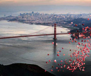 Balloons over San Francisco by David drebin, pink and red balloons floating ove the golden gate with the golden gate bridge in the background