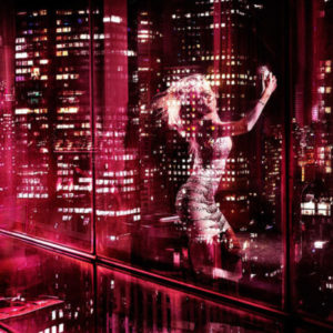 New York Selfie by David Drebin,window reflectioon of model in tight dress taking a slefie in pink light, a city at night in the back
