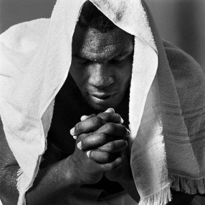 Michel Comte, Mike Tyson, Boxer, Boxing, Praying, Towel, black and white photography, closeup, portrait, celebrity, celebrity portrait, sport, black and white, fine art photography, limited edition