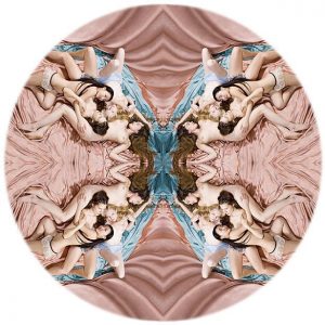 Circle NYC by Iris Brosch, point reflection of a group of nude models lounging between rose and blue fabric