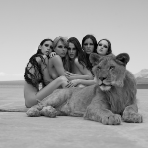 The Lion King 2008 by Sylvie Blum, five nude models sitting in the desert behind a lion