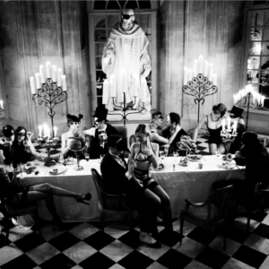 Ellen von Unwerth, Dinner, Bon Appetit, The Story of Olga, Black and white, black and white photography, interior, gothic, nude, fetish, candles, light, Mask, orgy, fine art photography, limited edition