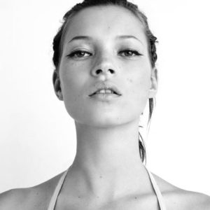 kate's look 1998 by Rankin, black and white portrait of the model in black winged eyeliner