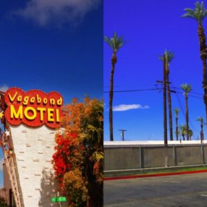 Its all about me by Guido Argentini, dyptich with the vagabond motel sign and a model in a red dress and heels walking through a parkinglot next to palmtrees