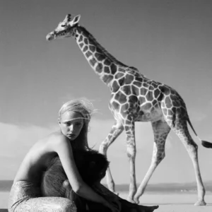 Michel Comte, Michel Comte photography, Beauty and Beast Michel Comte, Beauty and Beast Vogue 1996, Vogue editorial photography, Vogue 1990s, 1990s fashion photography, vintage Vogue photography, iconic fashion photography, fine art fashion photography, collectible photography, limited edition photography, limited edition print, signed photography print, rare photography print, museum quality print, gallery edition print, luxury wall art, contemporary photography, fashion art print, editorial portrait, surreal fashion photography, woman with giraffe, giraffe photography, monkey photography, wildlife meets fashion, animal editorial, desert photoshoot, cracked desert floor, minimalist landscape, black and white photography, monochrome fashion, cinematic editorial, high contrast portrait, iconic Vogue image, statement art piece, collector’s edition artwork, fine art print for sale, photography artwork for sale, gallery fine art print, PREISS FINE ARTS