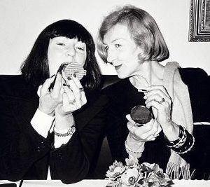 June Newton, Andree Putman, Making up, Restaurant Les Bouchons, Paris, by Roxanne Lowit, the two women sitting at a table checking their makeup
