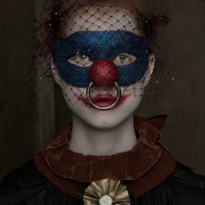 Julie, New York City, 2017, Albert Watson, model, blue glittermask, clown, red nose, makeup, portrait, color, color photography, editorial, Piercing, Septum, Punk, limited edition, fine art photography