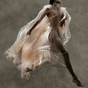 Saskia de Brauw - Iris van Herpen - New York City 2019 by Albert Watson, the artist and model in a light pink transparent gown, jumping