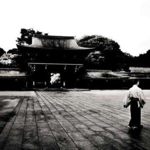 Meiji Jingu Temple Tokyo Japan #7110 by Andreas H. Bitesnich, person in traditional dress walking through a japanese temple