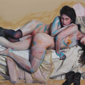 Die Freundinnen auf dem Bett by Iris Brosch, two women in stockings lounging on a sofa, painted to look like an expressionist oil painting
