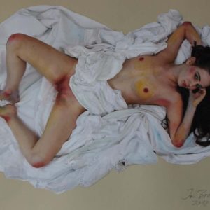 Mädchen mit Bettlaken by iris Brosch, nude of a model partially covered by white fabric and painted to look like an expressionist painting