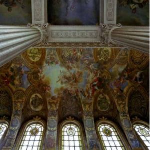 Ceiling, La Chapelle by Robert Polidori, stained glass window and painted ceiling of a baroque chaple