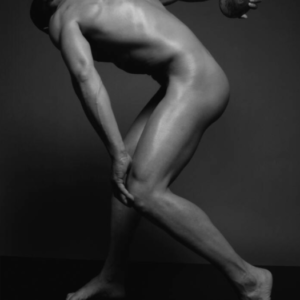 Discus II by Sylvie Blum, male nude bending over to throw a discus