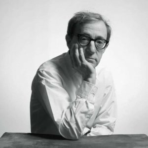 Woody Allen by Timothy White, black and white portrait of the actor in a white shirt