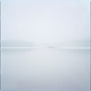 Islands by Nigel Parry from the Landscapes Series, grey and green mist over island in a lake