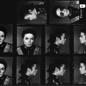 Michael Jackson 1994 by Timothy white, contact sheet of black and white portraits of the singer in performance wear