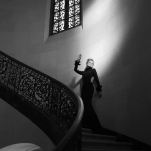 Sharon Stone 2016 by Timothy White, the actress in a black gown standing on stairs with cast iron railing
