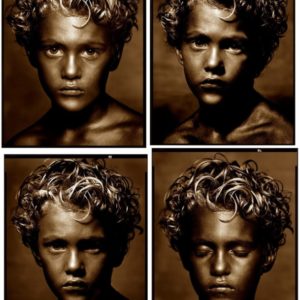 Golden boy by albert Watson, four pictures of a boy painted gold with different facial expressions