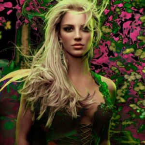 Britney Spears, the Forest by Markus Klinko, the singer with whirling hair and abstract pink and green background