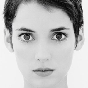 Wynona Ryder by Jesse Frohman, closeup black and white portrait of the actress with short hair