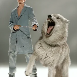 The Protector, Markus Klinko, David Bowie, Wolfdog, Wolf, Dog, Chain, Barking, Color, Color Photography, limited edition, fine art photography, musician, singer, Rockstar, Celebrity, Celebrity Portrait, "The Protector", Markus Klinko, David Bowie, David Bowie Unseen, Bowie Unseen series, David Bowie photography, Markus Klinko photography, celebrity fine art photography, iconic music photography, rock legend portrait, David Bowie portrait, conceptual portrait photography, avant-garde photography, fashion photography art, contemporary fine art photography, music icon artwork, limited edition photography, collectible photography print, gallery photography artwork, luxury art photography, surreal portrait, mythic symbolism, wolf imagery, power and leadership symbolism, art photography collectors, modern photography master, fine art wall art