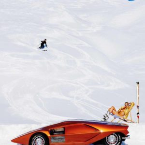 APRES! St. Moritz by Tony Kelly, fine art print showing slope, skier, model and luxury car