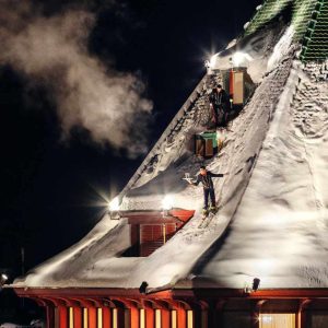 First Descent, Badrutt's Palace, St. Moritz, Tony Kelly, Color Photography, Color, Skiing, Surreal, Surrealism, Roof, Ski, Winter, Snow, Fine art Photography, limited edition