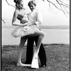 Baryshnikov with Uma Thurman, 1987, Arthur Elgort, Dancers, Costume, Duck, Nature, Water, Outdoors, celebrities, Famous Dancers, Ballet, Ballerina, Funny, Fine Art Photography, limited edition, black and white photography