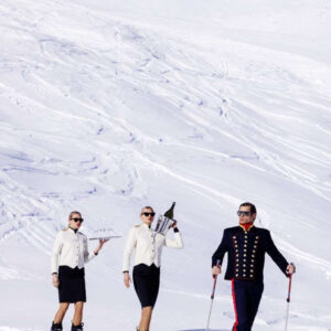 Kelly, Room Service, 2024, Waiters on Ski, Ski, Skiing, Funny, Surreal, Surrealism, Luxury, Color, Color Photography, Fine Art Photography, Tony Kelly, Tony Kelly Photography, Contemporary Pop