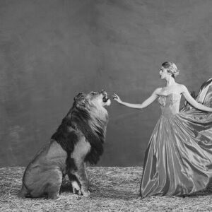 Tyler Shields, The Lion Queen, Model, Woman, Dress, Fashion, Holidaasy, Glitter, Elegant, princess, fairytale, lion, animal, wild cat, wild animal, black and white, black and white photography, fine art photography, limited edition