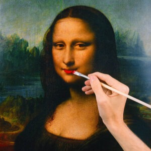 Tyler Shields, Mona Lisa MakeUp, hand brushing lipstick onto the painting, Mona Lisa, Paintin, Classic, Brush, Surrealism, Contemporary Pop, Davinci, Color, Color Photography, fine art photography, limited edition
