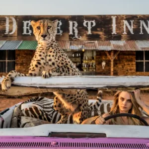 David Yarrow, Bad Asses, Cheetah, Cara Delevigne, Car, Pink, Wild West, Desert, Model, Animal