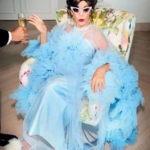Ellen von Unwerth, Portrait, Joan Collins, Harpers Bazaar, Blue, Colors, Ruffles, Fashion