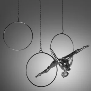 Guido Argentini, Silver Series, Eirene, nude, silver, acrobatics, woman, model, dancer, acrobat, rings, abstract, sculpture