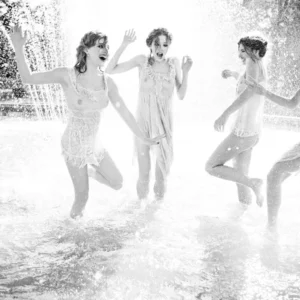 Ellen von Unwerth, Fountain, Women, Nude, Playing, Water, wet, playful, b&w, black and white