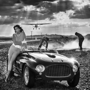David Yarrow, Planes, Trains, Automobiles, vintage, car, airplane, model, america, west, black and white, woman