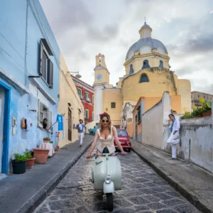 David Yarrow, Procida Scooter, Italy, Old town, Coastal Village, Summer, Holidy, Nostalgic, Model, Woman, Scenic, Color