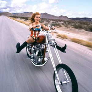 Douglas Kirkland, Ann-Maragret, Chopper, Motorbike, WOman, Model, America, Americana, Corset, Landscape, Speed, Fun, Woman
