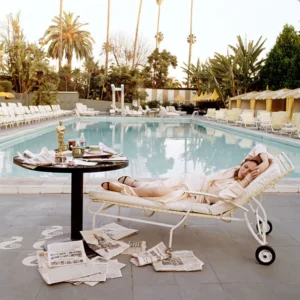 Faye Dunaway with Oscar resting by the Pool by Terry O'Neill, actress, fine art photography, cultur, celebrity, portrait, color, pool, night gown, woman