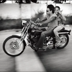 Mark Seliger, Lenny Kravitz, Zoe Kravitz, Father, Daughter, Motorbike, Bike, black and white, speed, driving, cool