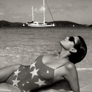Albert Watson, Cindy Crawford, Cindy Crawford beach photo, Cindy Crawford 1986 Virgin Islands, iconic fashion photography, Albert Watson celebrity portrait, Cindy Crawford swimsuit photo, supermodel beach editorial, 1980s supermodel photography, sailing, sailboat, ocean, sea, water, beach