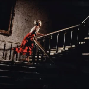 David Drebin, Girl, Woman, Red Dress, Red, Color, Running, Staircase, interior, baroque, vintage, dream, limited edition, fine art photography, color photography