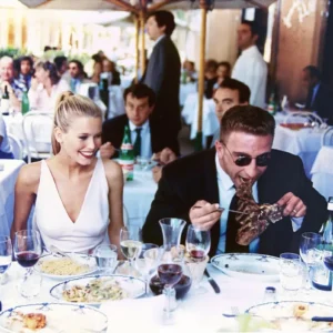 Arthur Elgort, Claudia Schiffer, Lunch in Rome, Italy, Model, Supermodel, Man, Suit, Eating, Food, Lunch, dining, Summer, Holiday, limited edition, fine art photography, color photography, analog photography, arthur elgort photography