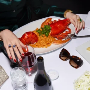 Jesse Frohman, Cosmopolitan Hotel, milos, Food, dining, woman, closeup, hands, lobster, color photography, fine art photography, luxury, limited edition, jesse frohman photography, fine dining, wine