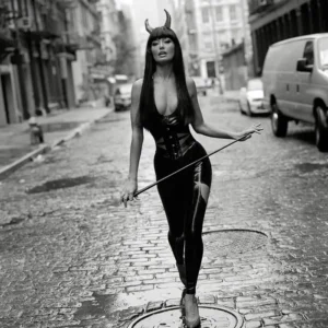 Sante D'Orazio, Sky Nellor, Devil, Latex, Corset, Whip, Horns, Street, Outdoors, Fetish, black and white, black and white photography, fine art photography, limited edition, Woman, Celebrity